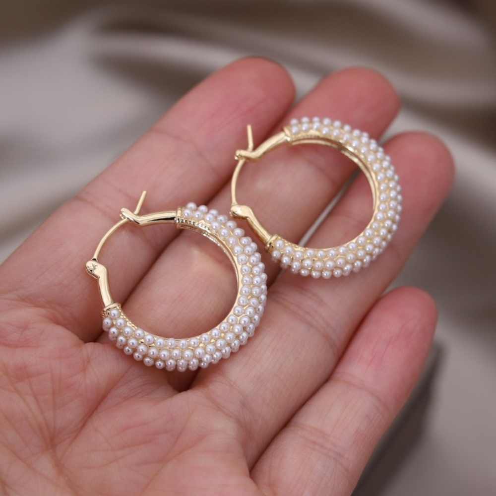 14k gold over sterling pearl hoop earrings - Picture 3 of 6